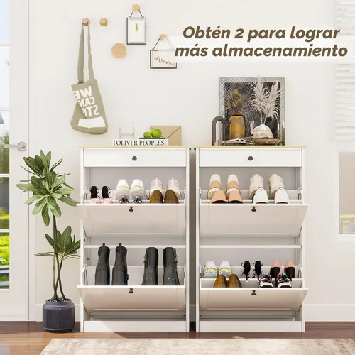 Vista 9 de Entrada de almacenamiento de zapatos con 2 cajones abatibles, armario Grano blanco+madera