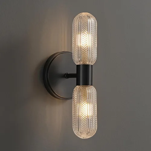 Vista 8 de Aplique de pared de latón cepillado, doble cristal moleteado, bombilla incluida 12.3in 2-Light Hardwired Wall Light,Perfect for Bathroom Living