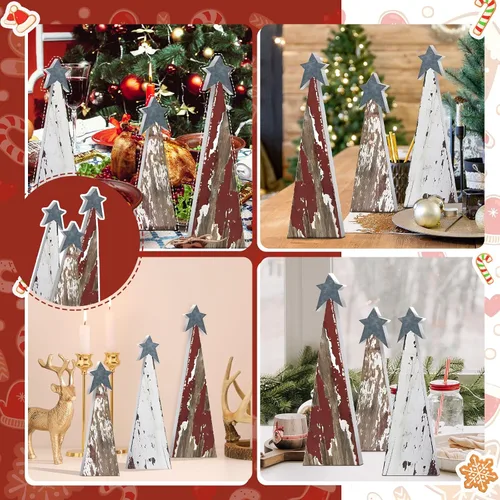 Vista 6 de Soaoo 3 piezas de decoración de mesa de árbol de Navidad rústico de madera para granja, pequeños árboles de Navidad de mesa, centros de mesa