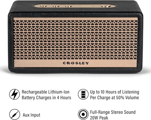 Vista 2 de Crosley CR3113A-BK Montero - Altavoz Bluetooth recargable portátil pequeño, color negro