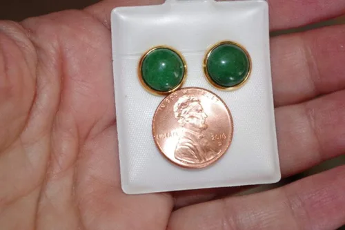 Vista 5 de CHINESE GREEN JADE ROUND DOME 12MM VINTAGE GENUINE 14K GF STUD EARRINGS