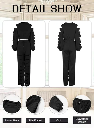 Vista 6 de Sexy 2 Piece Outfits for Women Hollow Out Top High Waist Pant Set
