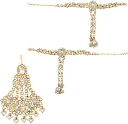 Vista 4 de Aheli Traditional Wedding Indian Bharatanatyam jewellery set Long Choker Necklace Earrings Maang Tikka Nath Paasa Hath Phool Gift for Women