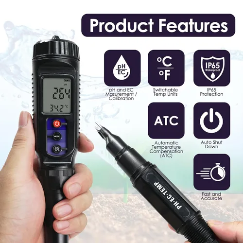 Vista 2 de Medidor de pH para alimentos Medidor digital de temperatura EC pH 3 en 1 con ATC, probador de pH de alimentos para verificar fermentación/masa