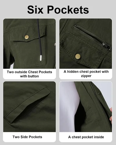 Vista 4 de Chaqueta ligera de algodón para hombre, estilo militar, con capucha, de canvas, para campo, ropa de trabajo, casual, cargo de primavera