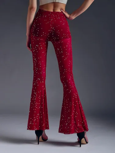 Vista 5 de Anlaey Pantalones de baile de malla transparente para rave, con lentejuelas brillantes, acampanados, cintura alta, para festivales, clubes, trajes