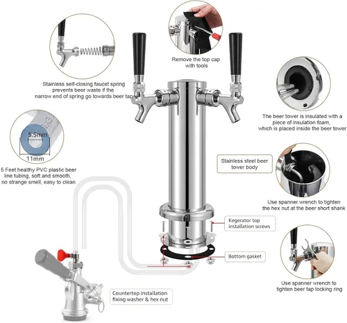 Vista 3 de Torre de cerveza Kegerator Tower doble grifo con grifo de cerveza de cierre automático