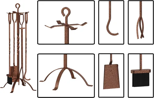 Vista 5 de Fire Beauty Juego de 5 herramientas para chimenea, accesorios de chimenea, soporte de herramientas con asas, herramientas para decoración