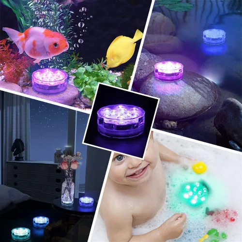 Vista 7 de Paquete de 8 luces LED sumergibles con control remoto, luces sumergibles impermeables que funcionan con pilas, luces subacuáticas para estanques RGB