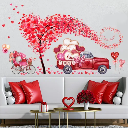 Vista 3 de Calcomanías de pared para el día de San Valentín, 2 hojas de calcomanías de pared de árbol de corazón, gnomo rojo, calcomanías de pared extraíbles