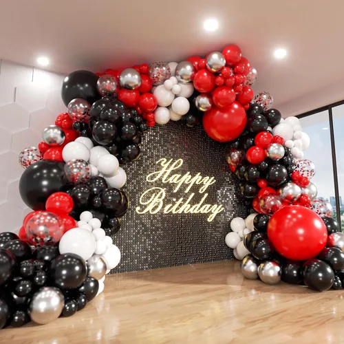 Vista 11 de Kit de arco de globos negros y dorados, ADOINBY 140 piezas de globos de látex confeti negros, blancos y dorados metálicos de 18, 12, 10 y 5