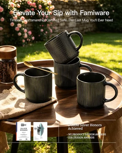 Vista 5 de famiware Juego de 4 tazas de café de 12 onzas, tazas de cerámica con asa Negro (Star-Black)