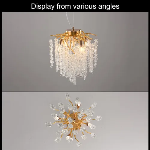Vista 2 de Candelabro de Cristal Rama de Árbol Dorado Gota de Lluvia Redonda Lámpara Colgante con Borla Luminaria de Techo Colgante para Dormitorio Sala