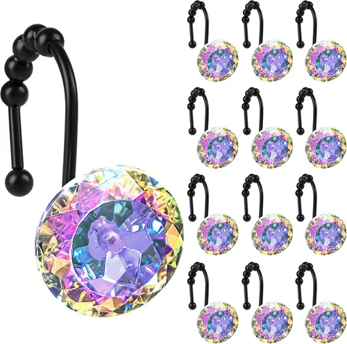 Vista 29 de Sunlit Diseño de Lujo Redondo Aqua Azul Diamante Cristal Gema Bling con Bolas Deslizantes Ganchos para Cortina de Ducha, Anillos para Cortina