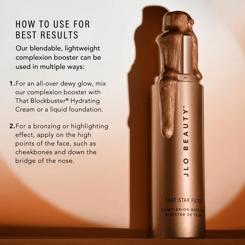 Vista 3 de JLO BEAUTY Resaltador de maquillaje y bronceador para cara y cuerpo, potenciador líquido de la tez, gotas luminosas de imprimación iluminadora
