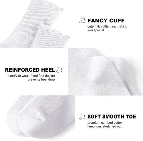 Vista 4 de UTTPLL Calcetines de cuello redondo con volantes para mujer, calcetines atléticos estéticos de lechuga para mujer, finos y encantadores calcetines