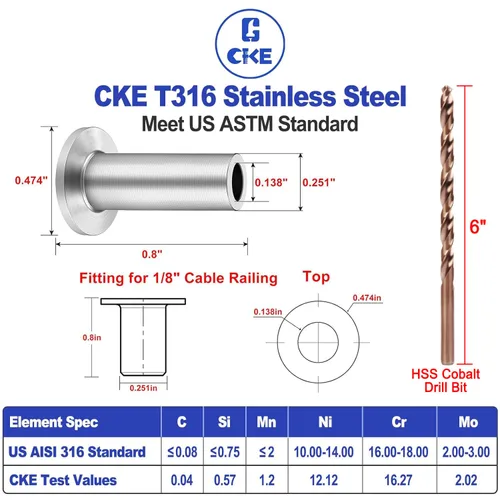 Vista 3 de CKE Paquete de 50 fundas protectoras de acero inoxidable T316 para barandillas de cable de cuerda de alambre de 1/8 pulgadas, fundas protectoras