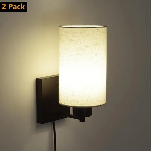Vista 2 de KOONTING® Juego de 2 apliques de pared enchufables, lámpara de pared rústica con cable de enchufe e interruptor de palanca de encendido/apagado, Lino