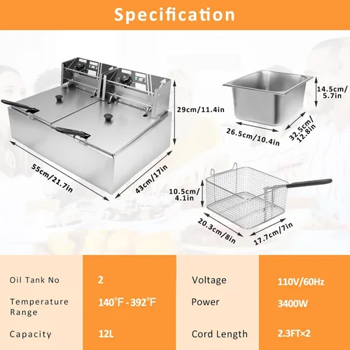 Vista 8 de Freidora comercial con canasta, 12.7QT/12L, desmontable de gran capacidad, de acero inoxidable, freidora de aceite eléctrica con control