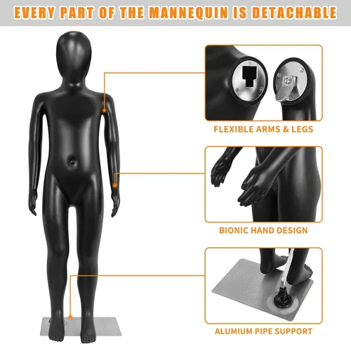 Vista 3 de Maniquí infantil, maniquíes para niños de cuerpo completo de 43.3 pulgadas, maniquíes de forma de vestido negro para niños, exhibición realista