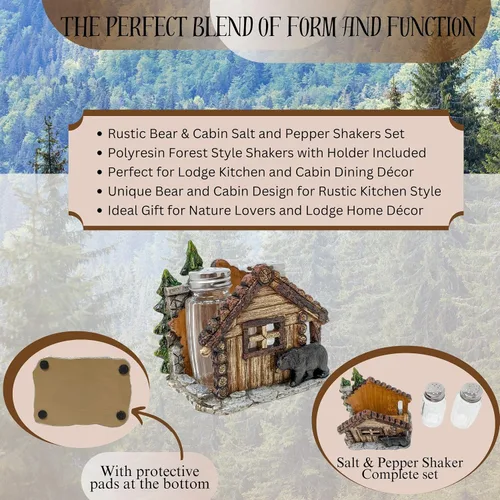 Vista 2 de BestGiftEver Juego de saleros y pimenteros con soporte, diseño de oso y cabaña para cocina estilo cabaña, decoración rústica de poliresina