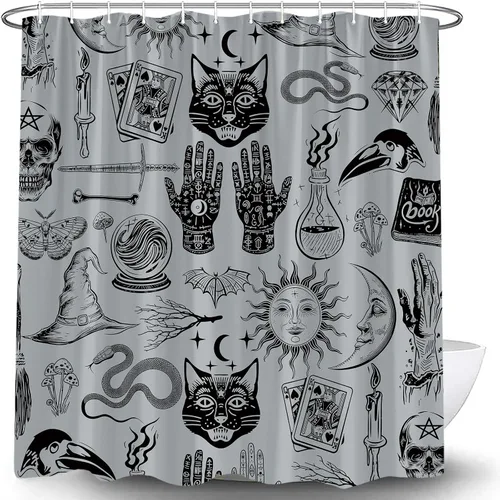 Vista 10 de Cortina de ducha de bruja de Halloween, color negro, espeluznante, alquimia gótica, psíquica, espeluznante, calavera, esqueleto, tablero de Ouija