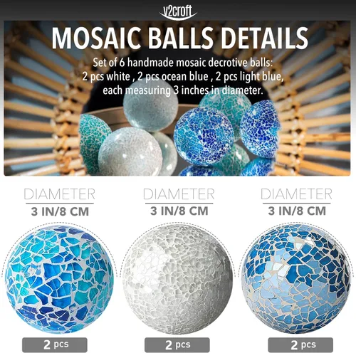 Vista 2 de Juego de 6 bolas decorativas de vidrio de 3 pulgadas, globo de esfera de mosaico para artículos del hogar, boda/cumpleaños, cuencos, jarrones