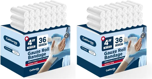 Vista 10 de California Basics Paquete de 12 rollos de vendaje de gasa con cinta, 2 pulgadas x 4 yardas, envoltura suave, elástica y transpirable para el cuidado