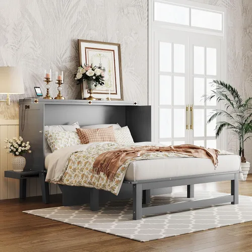 Vista 35 de Baúl móvil Murphy de tamaño Queen con módulo USB integrado de doble alimentación/USB, armario moderno y tradicional de madera maciza con cajón Gris-A