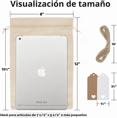 Vista 2 de Bolsas de regalo con cordón de arpillera de 8 x 12 pulgadas, 20