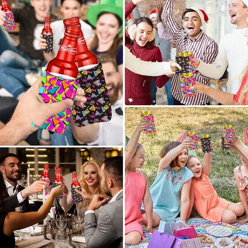 Vista 4 de Fundas para enfriar latas retro de los años 80 y 90, 24 piezas, fundas para botellas y latas de neón de Memphis Fashion - Suministros para fiestas