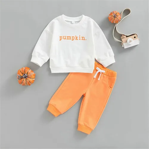 Vista 2 de Conjunto de 2 piezas de ropa de otoño de manga larga con cuello redondo y calabaza