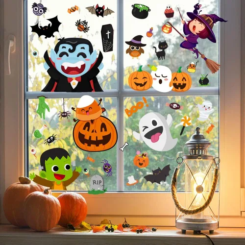 Vista 4 de 6 hojas de adhesivos para ventana, lindas calcomanías y calcomanías de Halloween para niños, decoración de ventanas interiores