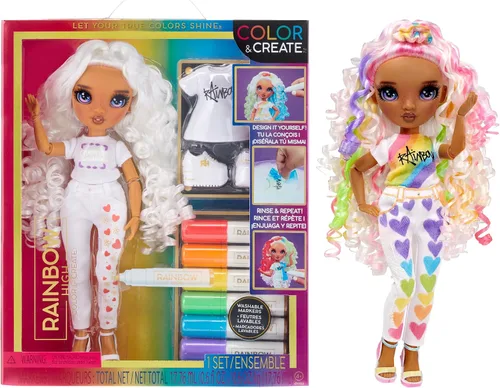 Vista 8 de Rainbow High Muñeca de moda DIY para crear con acuarelas y crear con kit de tie-dye lavable, ojos verdes, cabello largo y liso, top y zapatos