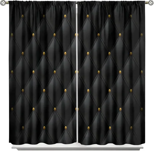 Vista 130 de Cortinas Negras con Dobladillo Dorado, Cortinas Opacas con Bolsillo para Barra con Estampado de Rayas de Foil en Onda Dorada para Decoración de Negro