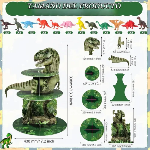 Vista 2 de Censen Soporte para cupcakes de dinosaurio de 3 niveles, decoración de fiesta, 24 piezas, figuras de dinosaurio, juguetes para cupcakes, torre
