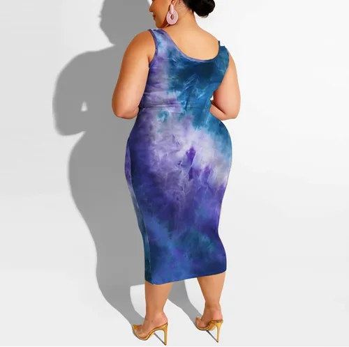Vista 4 de Conjunto vestido a media pierna de 2 piezas de talla plus, conjunto de falda ajustada, top ajustado, estampado estilo hippy sin mangas