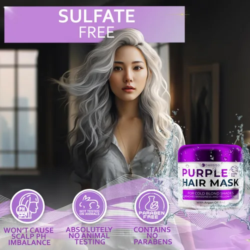 Vista 5 de Mascarilla capilar morada – Acondicionador profundo y tóner para cabello rubio y cobrizo – Reparación hidratante y tratamiento después de la lejía