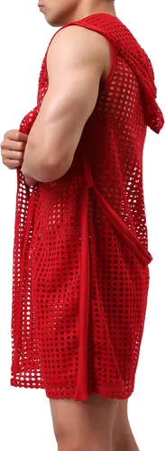 Vista 3 de Bata de baño sexy para hombre, con capucha, malla transparente