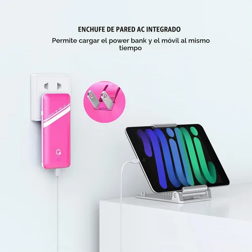 Vista 3 de Cargador portátil Q Slim de 10000 mAh, batería externa de 4 salidas con enchufe de pared de CA integrado, micro USB C, tres cables compatibles