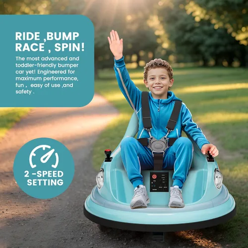 Vista 5 de Coche de parachoques para niños, auto eléctrico de 12 V para niños, auto de choque giratorio de 360° con control remoto para padres, 2 modos de Azul
