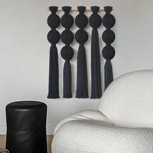 Vista 4 de Jakalin Macramé para colgar en la pared, arte de pared de fibra con borlas Negro
