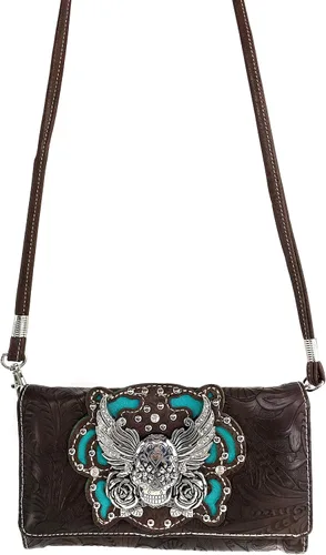 Vista 3 de Zelris Sugar Skull Roses Angel Wing mujeres Crossbody muñeca asa triple cartera