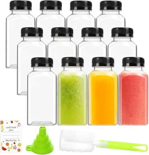 Vista 10 de Botellas de jugo de plástico, recipientes reutilizables para jugo con tapas blancas a prueba de manipulaciones, cepillo, embudo y etiquetas