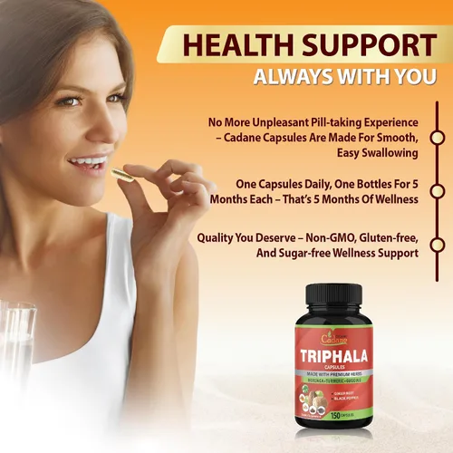 Vista 6 de Organic Cadane Cápsulas de extracto de Triphala, suministro de 5 meses con cúrcuma, guggulu, jengibre, pimienta negra, moringa - Apoya la digestión