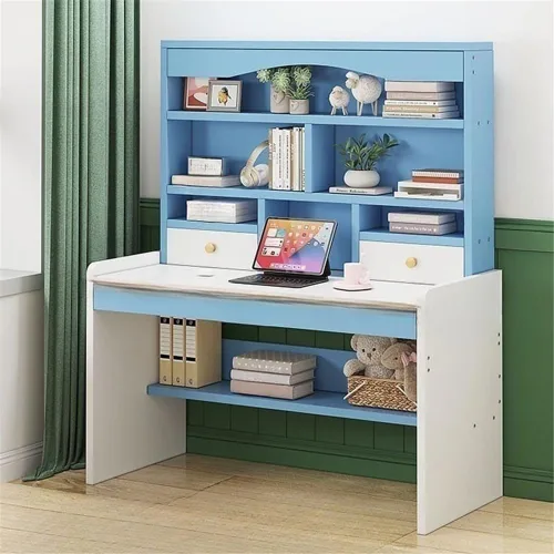 Vista 8 de Mesa rectangular de almacenamiento para niños con cajón, estantería moderna, estantes para mesa de trabajo, mesa de PC, escritorio de esquina