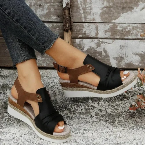 Vista 4 de Womenyiaor Sandalias de cuña para mujer, alpargatas para mujer, puntera abierta, correa al tobillo, sandalias de tacón de cuña, sandalias elegantes