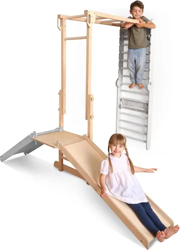 Vista 12 de Goodevas Mejora el marco de escalada interior 9 en 1 para niños, marco de escalada Montessori con tobogán, columpio, pared de escalada, triángulo