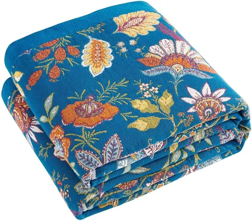 Vista 12 de Manta bohemia de muselina de algodón tejida con flores decorativas de 50 x A-verde