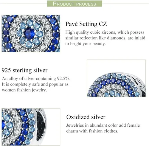 Vista 2 de BISAER Pulsera contra el mal de ojo de plata de ley 925, abalorios de cristal azul, dije de mano Hamsa para pulsera Pandora